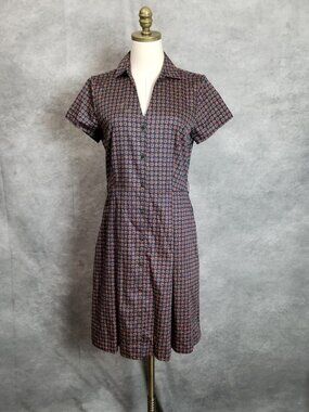 Brooks Brothers Navy Geometric Shirt Dress Size 8 Preppy Retro Pockets Modest